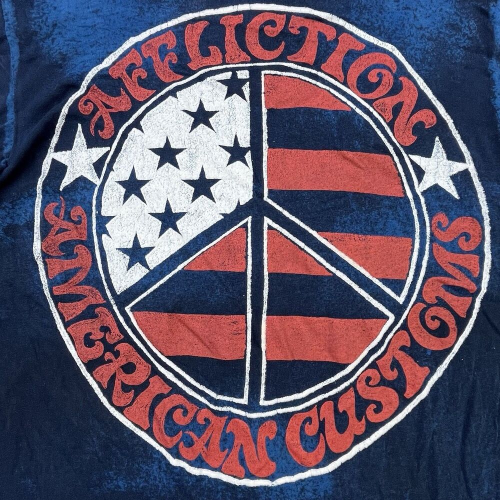 Affliction T-Shirt Womens XS Blue V-Neck American Customs Peace Flag Biker - Picture 9 of 11